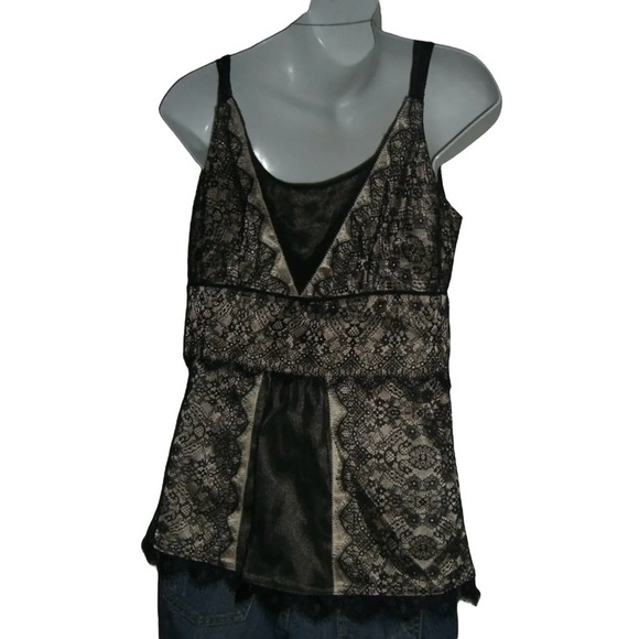 Ann Taylor Tank Top Silk Blend Black Tan Lace Cami Bimbo Blouse Coquette y2k 2 - Picture 6 of 9